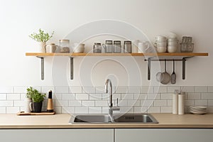 Modern white kitchen interior with sink and faucet