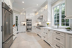 Front view of modern white kitchen with built-in cabinets photo