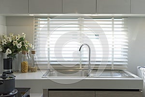 Modern white kitchen unit and cooking stove.