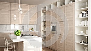 Modern white kitchen with wooden details in contemporary luxury apartment with parquet floor, vintage retro interior design,