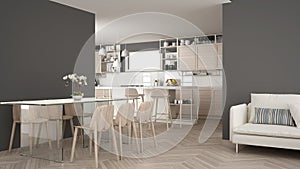 Modern white kitchen with wooden details and parquet floor, modern pendant lamps, minimalistic interior design concept idea,