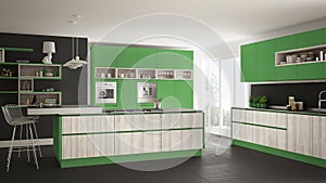 Modern white kitchen with wooden and green details, minimalistic interior design