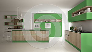 Modern white kitchen with wooden and green details, minimalistic interior design