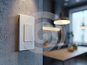Modern white light switch mounted on textured concrete wall with a blurred kitchen interior featuring pendant lamps and natural