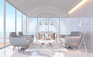 Modern white living and dining room with sea view 3d rendering image.There are large window overlooks to sea view.