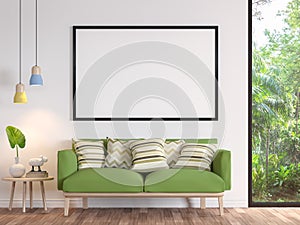 Modern white living room with blank frame 3d render image