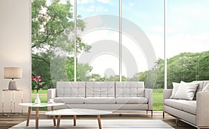 Modern white living room 3d render.There are large window. Overlooks to large garden. photo