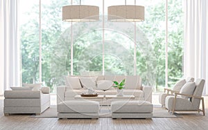 Modern white living room in the forest 3d rendering image photo