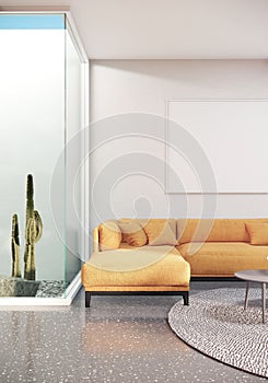 Modern white living room with furniture The Rooms have yellow sofa and cactus garden. picture frame mock up on wall