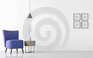 Modern white living room interior with blue armchair 3d rendering Image