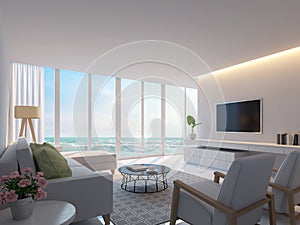 Modern white living room with sea view 3d rendering image photo