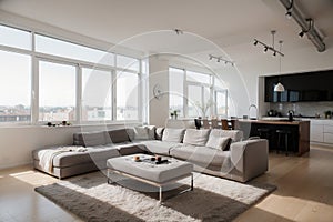 Modern white loft apartment interior, living room, hall, staircase, fireplace panorama ing