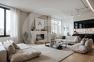 Modern white loft apartment interior, living room, hall, staircase, fireplace panorama ing