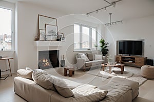 Modern white loft apartment interior, living room, hall, staircase, fireplace panorama ing