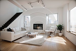 Modern white loft apartment interior, living room, hall, staircase, fireplace panorama ing