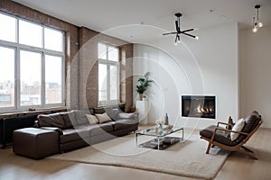 Modern white loft apartment interior, living room, hall, staircase, fireplace panorama ing