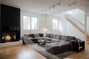 Modern white loft apartment interior, living room, hall, staircase, fireplace panorama ing