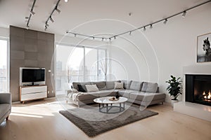 Modern white loft apartment interior, living room, hall, staircase, fireplace panorama ing