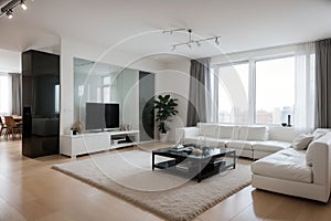 Modern white loft apartment interior, living room, hall, staircase, fireplace panorama ing