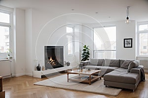 Modern white loft apartment interior, living room, hall, staircase, fireplace panorama ing