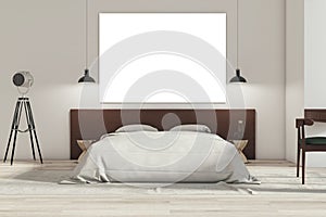 Modern white loft bedroom interior with empty white mock up banner and furniture.
