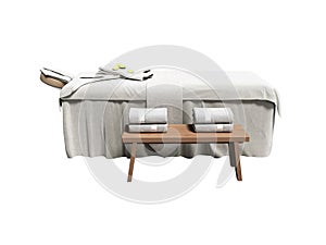 Modern white massage bed with folded towels 3d render on white b