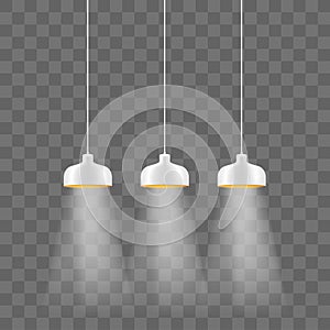 Modern white metallic lamp-shade electric illumination set. Loft ceiling lights isolated on the transparent background