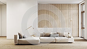 Modern, white minimalist interior with kitchen, sofa, wood floor, wall panels and marble kitchen island.