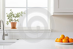 Modern white minimalistic kitchen interior details. Stylish white quartz countertop with kitchen sink with water tap