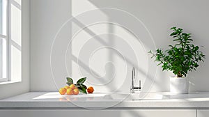 Modern white minimalistic kitchen interior details. Stylish white quartz countertop with kitchen sink with water tap