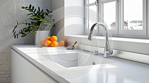 Modern white minimalistic kitchen interior details. Stylish white quartz countertop with kitchen sink with water tap