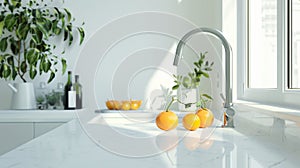 Modern white minimalistic kitchen interior details. Stylish white quartz countertop with kitchen sink with water tap