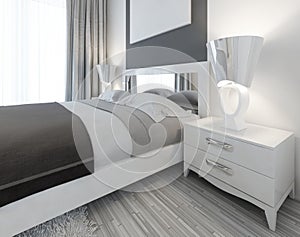 Modern white nightstand with a lamp by the bed in a bedroom Cont