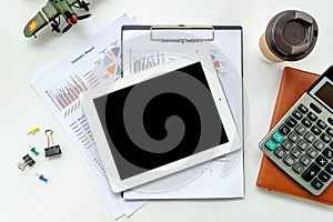 Modern White office desk table with blank screen tablet