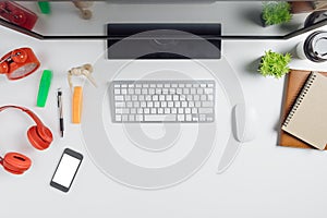 Modern White office desk table with computer,smart phone