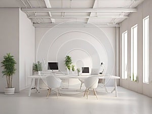 Modern white office interior with furniture and daylight computer generated image.