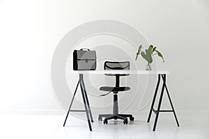 Modern white office interior with white table, black chair, document bag and green leaf vase