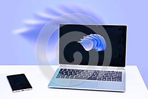 Modern white office work table or desk with portable laptop computer with abstract background and smartphone with blank screen
