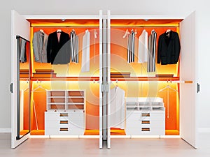 Modern white orange wooden and metal wardrobe with men clothes hanging on rail in walk in closet design interior
