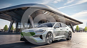 a modern white-painted car stands in front of an architecturally impressive building photo