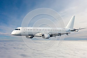 Modern white passenger jetliner flies in the sky above the clouds