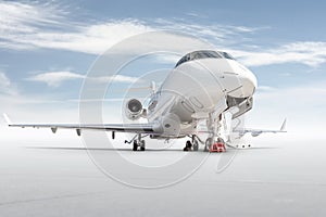 Modern white private jet with an opened gangway door isolated on bright background with sky