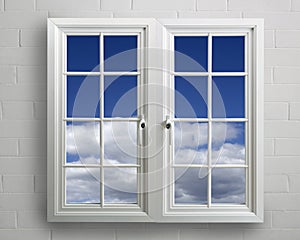 Modern white pvc window with view of blue sky