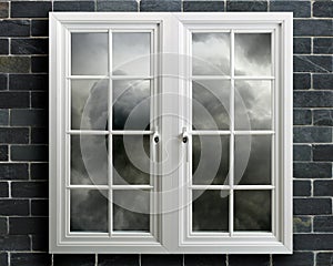 Modern white pvc window with view of stormy sky