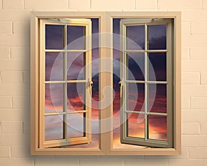 Modern white pvc window with view of sunset