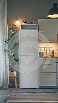 Modern white refrigerator in stylish kitchen interior design