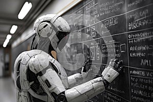 modern white robot teacher professor teaches at blackboard in a college classroom in class