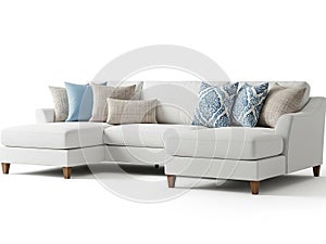 Modern white sectional sofa with decorative pillows