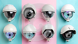 Modern white security cameras with hologram details on pastel background for text placement