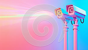 Modern white security cameras with hologram details on pastel background for text placement